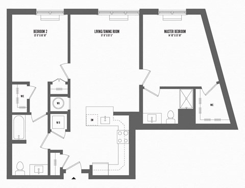 Floor plan for 2 beds, 2 baths, 1102 sqft